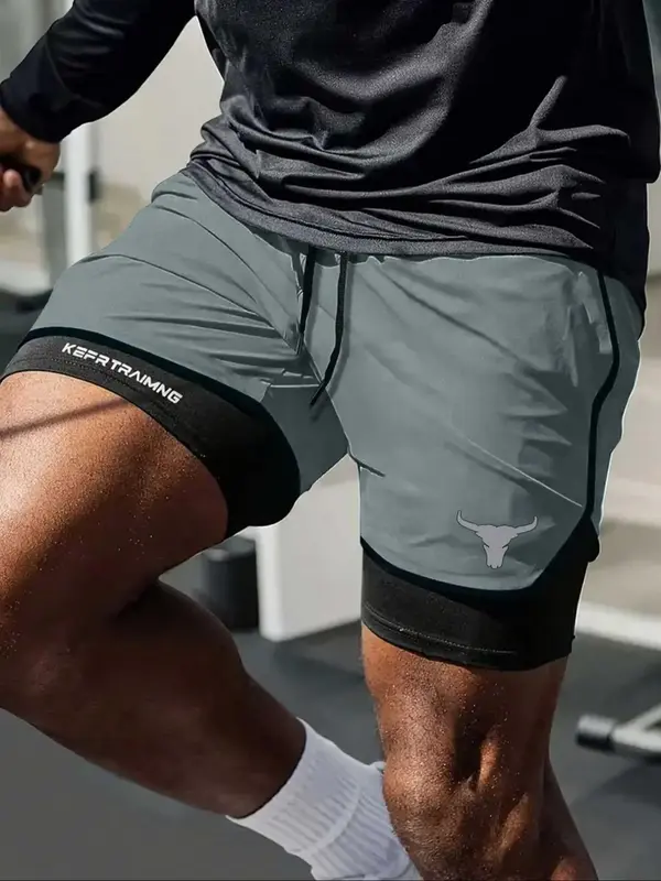 Men's Regular Fit Bull Head Print Quick Drying Breathable Training Shorts, Casual Comfy Gym Workout Shorts for Summer, Men's ...