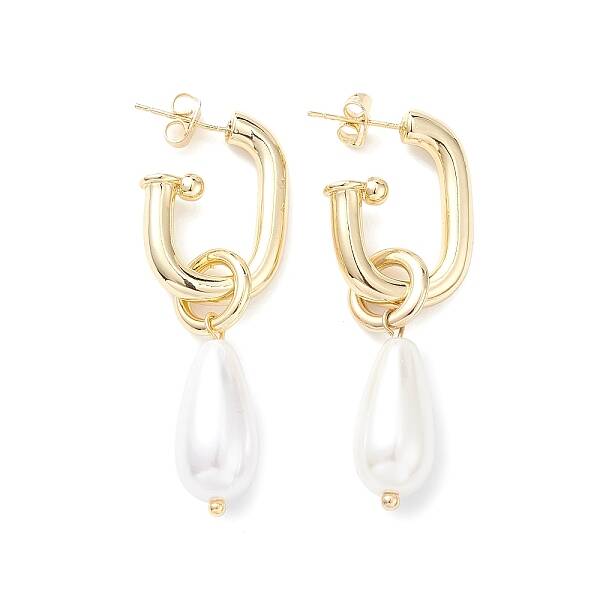 Brass Oval with ABS Pearl Teardrop Dangle Stud Earrings for Women