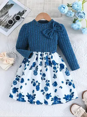 Girl's Floral Print Bow Front A Line Dress, Casual Long Sleeve Round Neck Dress for Fall & Winter, Kids Clothes for Daily Wea...