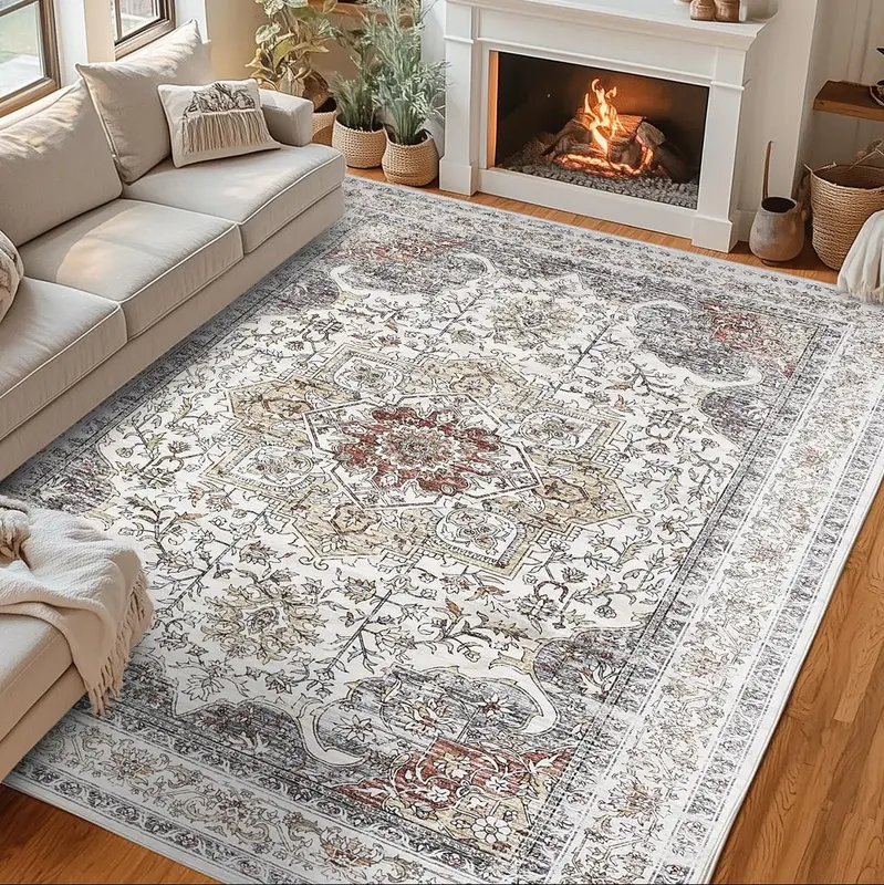 Garvee Machine Washable Rug 8x10 Neutral Floral Vintage Area Rug for Living Room Bedroom Dining Room Camel