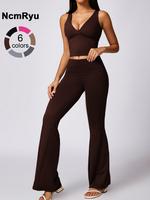 Women's High Elastic Soft Deep V-neckline Beautiful Back Bra Beveled Edge Turnable Wide Leg Pants Yoga Suit Outdoor Running C...