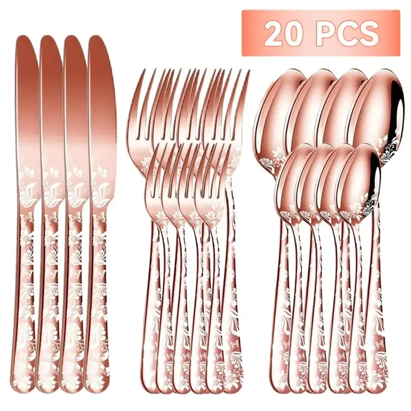 Flower Pattern Stainless Steel Cutlery Set, 20pcs/set Including Knife, Fork and Spoon, Home Kitchen Restaurant Cutlery Set