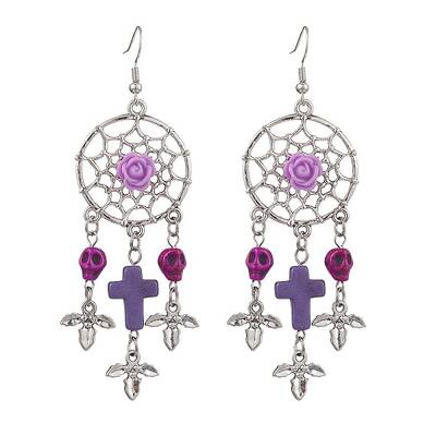 Woven Web/Net with Cross & Skull Synthetic Turquoise Dangle Earrings