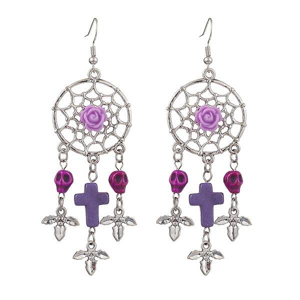 Woven Web/Net with Cross & Skull Synthetic Turquoise Dangle Earrings
