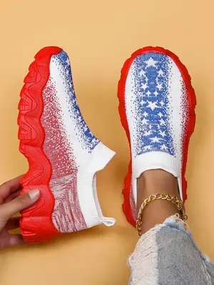 Women's Star Print Slip on Sneakers, Casual Comfortable Breathable Sports Running Shoes, Independence Day Round Toe Shoes for...