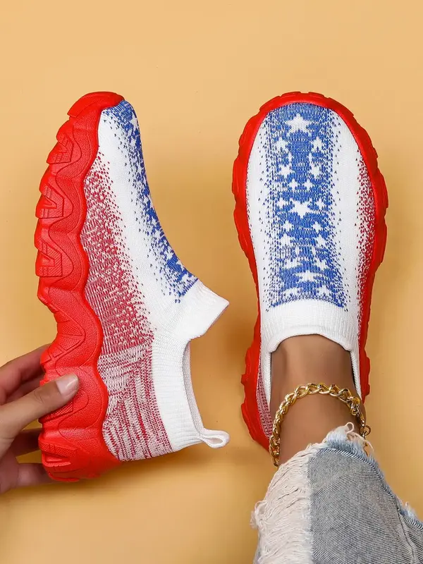 Women's Star Print Slip on Sneakers, Casual Comfortable Breathable Sports Running Shoes, Independence Day Round Toe Shoes for...