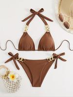 Women's Solid Color Chian Decor Bikini Set, Casual Fashion Swim Bra & Swim Panty Swimsuit Set, Ladies Swimwear for Beach Hol...