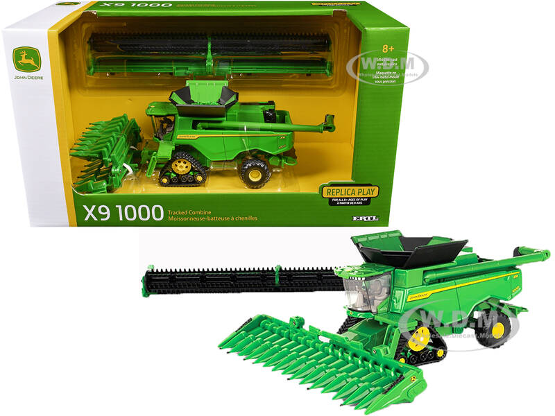 John Deere X9 1000 Tracked Combine with 16-Row Corn Head and Draper Grain Head Green Replica Play Series 1/64 Diecast Model b...