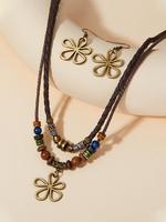 Boho Style Clover Design Double Layer Pendant Necklace & Dangle Earrings, Vintage Jewelry Set for Women, Fashion Accessories ...
