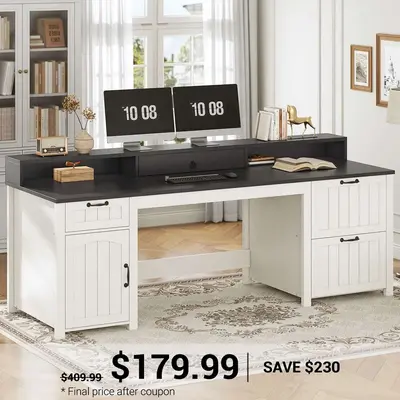 SEDETA ® 63 Inch Farmhouse Executive Desk Ergonomic Computer Desk with Drawers Storage Cabinet Monitor Stand Brown and White...