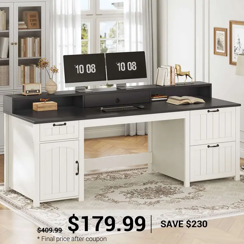 SEDETA ® 63 Inch Farmhouse Executive Desk Ergonomic Computer Desk with Drawers Storage Cabinet Monitor Stand Brown and White...