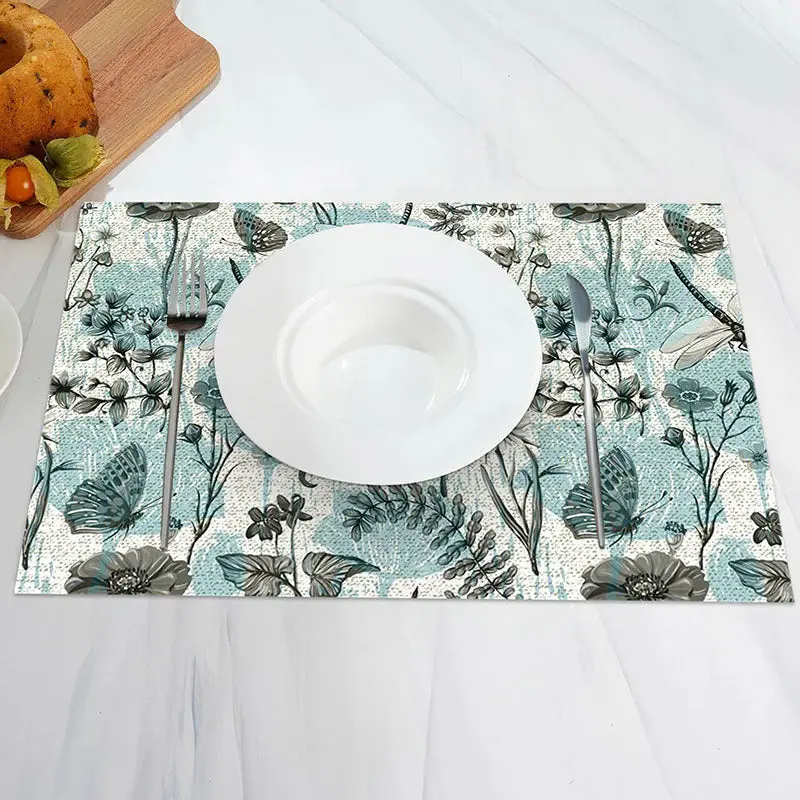 Cyan Floral Leaf Butterfly Retro Set Of 4 Placemats - Aperturee