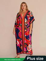 Plus All Over Print Batwing Sleeve V Neck Multicolor Kaftan Dress, Summer Clothes Women, Comfort Womenswear, Boho Casual Half...