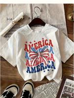 Ladies patriotic Independence Day T-shirt - red, white, and blue American flag letter pattern and star stripe bow tie design,...