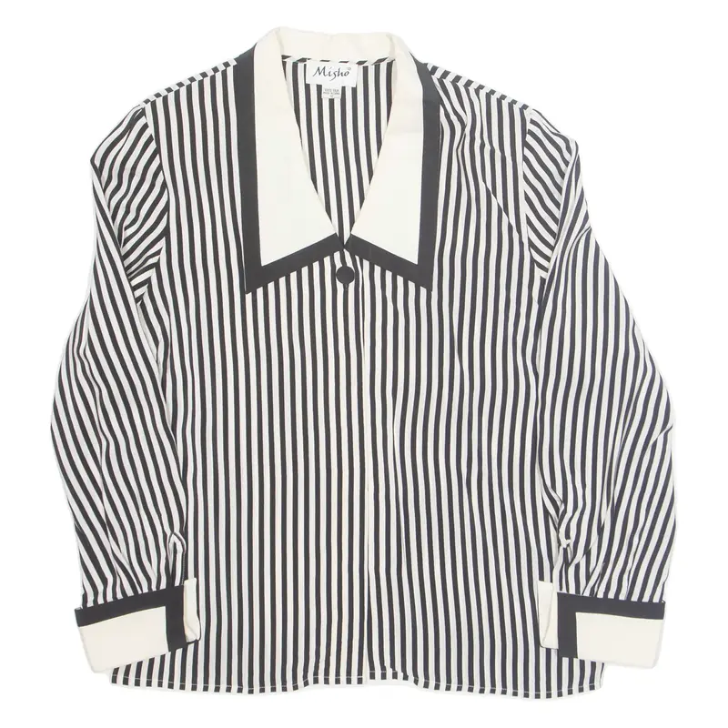 MISHO Womens Printed Blouse White Collared Long Sleeve Silk Striped M