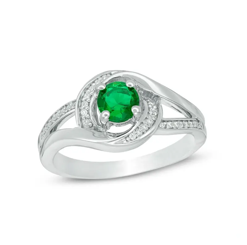 10K White Gold Round Cut Emerald and 0.1 CT. T.W. Natural Diamond Swirl Frame Split Shank Engagement Band
