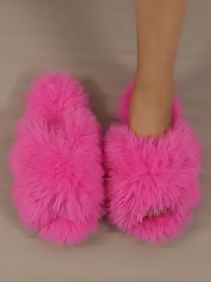 Solid Color Cross Strap Fluffy Slippers, Casual Soft Plush Bedroom Slippers for Fall & Winter, Comfort Silent Anti-slip Home ...