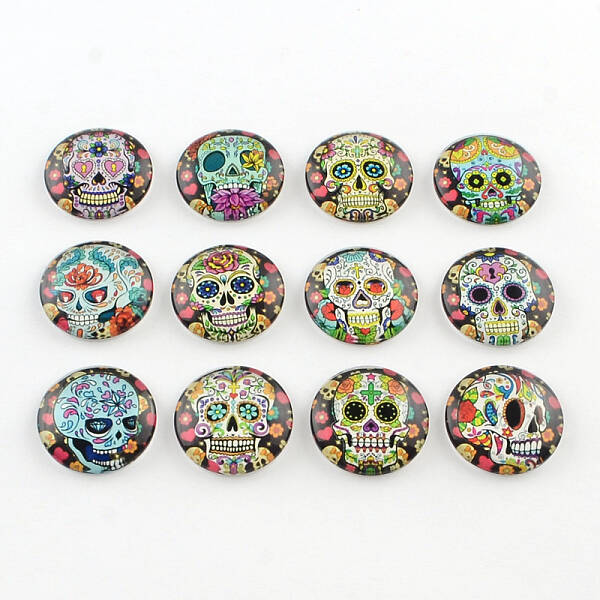 Half Round/Dome Sugar Skull Pattern Glass Flatback Cabochons for DIY Projects