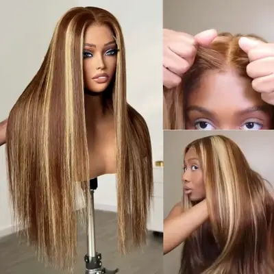 Pull Go 10x6 Lace Wig Honey Blonde Highlights on Brown Hair Straight Glueless Human Hair Wig