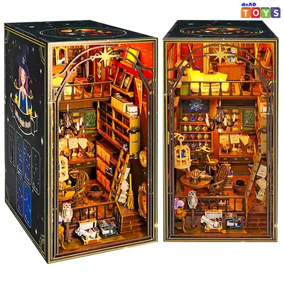 deAO DIY Book Nook Kit, 3D Wooden Puzzles Magic House with Gear Drive and LED Lights, Miniature Dollhouse Bookshelf Insert Mo...