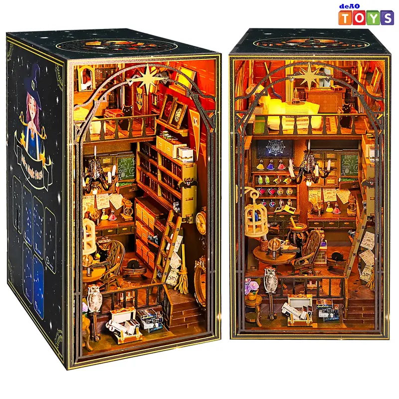 deAO DIY Book Nook Kit, 3D Wooden Puzzles Magic House with Gear Drive and LED Lights, Miniature Dollhouse Bookshelf Insert Mo...