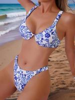 Women's 2pcs Floral Print Bikinis Set, Summer Outfits, Push Up Swim Bra & High Cut Swim Bottom, Floral Elegance Swimsuit Sets...