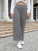 Women's Checkerboard Print Elastic Waist Wide Leg Pants, Casual High Waist Trousers for Fall, Fashion Women's Bottoms for Dai...