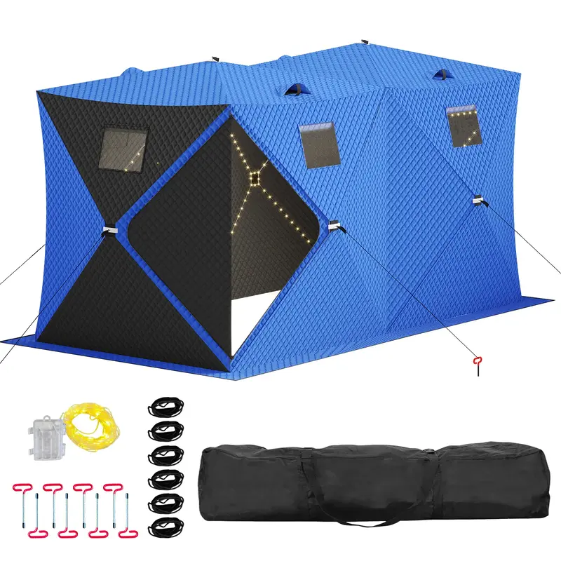 Garvee Insulated Pop-Up Ice Fishing Tent – 5-7 Person Shelter with Double Zippered Doors, 2x49ft LED Light Strips, Weather-...