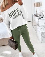 ChicMe Women's 2 Piece Outfit Nope Not Today Print Skew Neck Long Sleeve Pullover Top with Stretchy Waist Long Pants Tracksui...