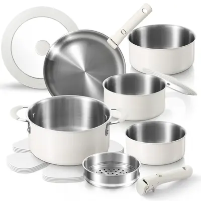 [Official] CAROTE 14pcs Cookware Set, Stainless Steel Set with Detachable Handle, Induction Kitchen RV Cookware Set, Dishwash...