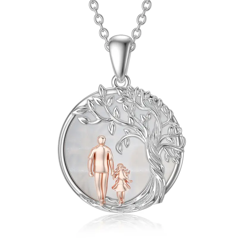 Sterling Silver Two-tone Moonstone Tree Of Life Father & Daughter Pendant Necklace