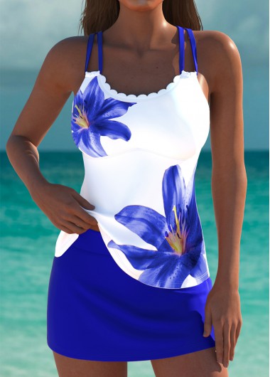 Modlily Mid Waisted Floral Print Royal Blue Tankini Set - XL