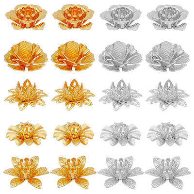 SUPERFINDINGS 60Pcs 10 Styles Flower Bead CAPss Golden Silver Brass Lotus Flower End CAPss Multi Petal Round Filigree Spacer ...