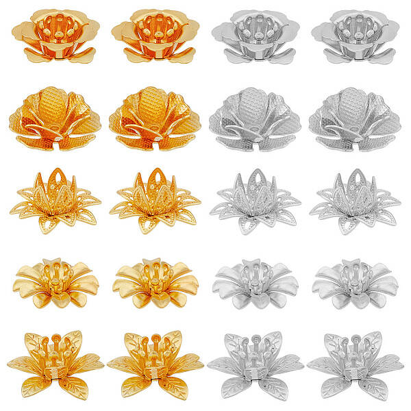 SUPERFINDINGS 60Pcs 10 Styles Flower Bead CAPss Golden Silver Brass Lotus Flower End CAPss Multi Petal Round Filigree Spacer ...