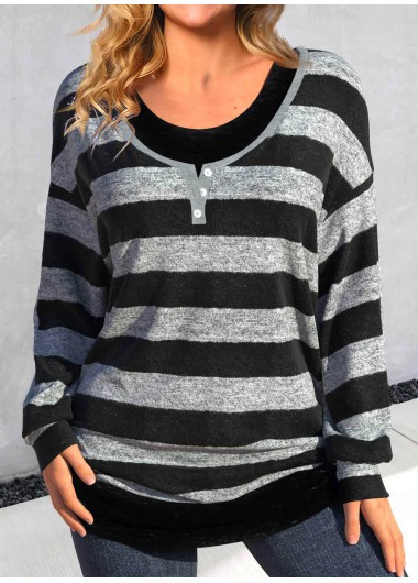 Modlily Black Fake 2in1 Striped Long Sleeve T Shirt - XXL
