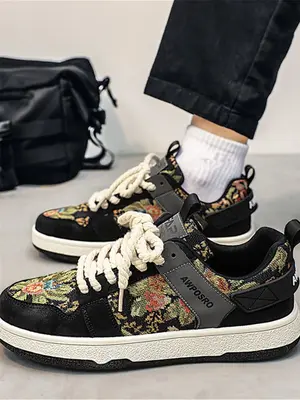 Men's Colorblock Floral Print Low Top Trending Sneakers, Casual Letter Patchwork Luxury Designer Skate Shoes, Vintage Wear Re...