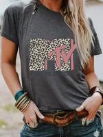 Women's Leopard Print Round Neck Graphic Tee, Vintage Trendy Casual Short Sleeve T-shirt for Daily Wear, Ladies Summer Top, S...