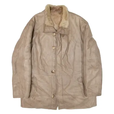 SERGE LEPEK Shearling Mens Overcoat Coat Beige Leather L