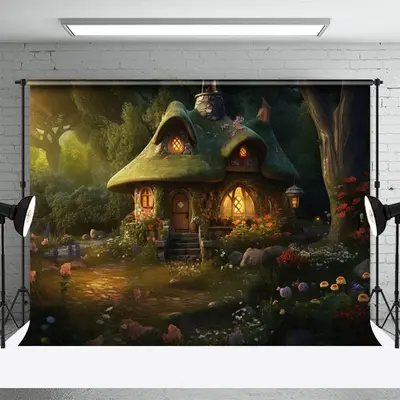 Green Mushroom House Forest Floral Spring Backdrop - Aperturee