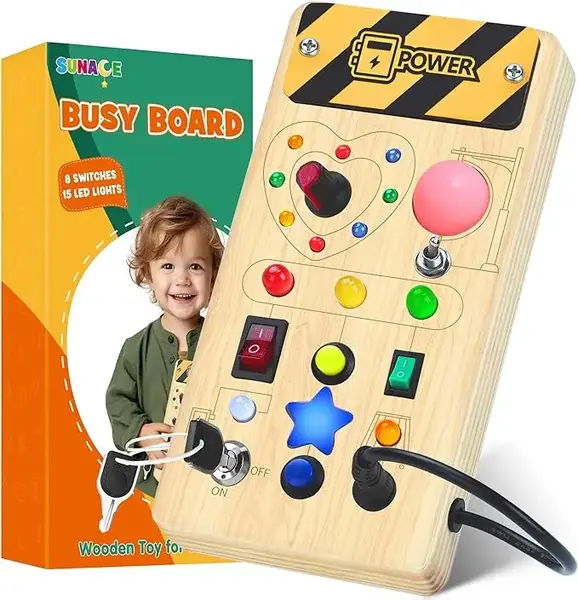SUNACE Busy Board with Led Light,Montessori Toys Christmas Gifts for Boys and Girls, Wooden Toys with 8 Switches and 15 LED L...
