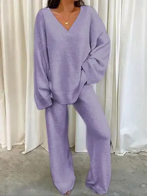 Women's Solid Color Drop Shoulder V Neck Sleep Top & Pants Plush Pyjama Two-piece Set, Fluffy Pajamas, Casual Comfy Long Slee...
