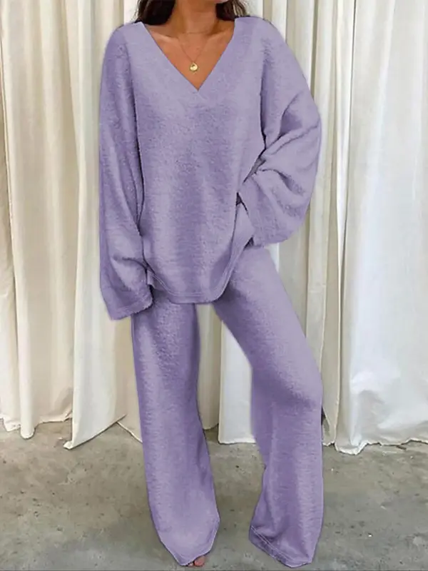Women's Solid Color Drop Shoulder V Neck Sleep Top & Pants Plush Pyjama Two-piece Set, Fluffy Pajamas, Casual Comfy Long Slee...