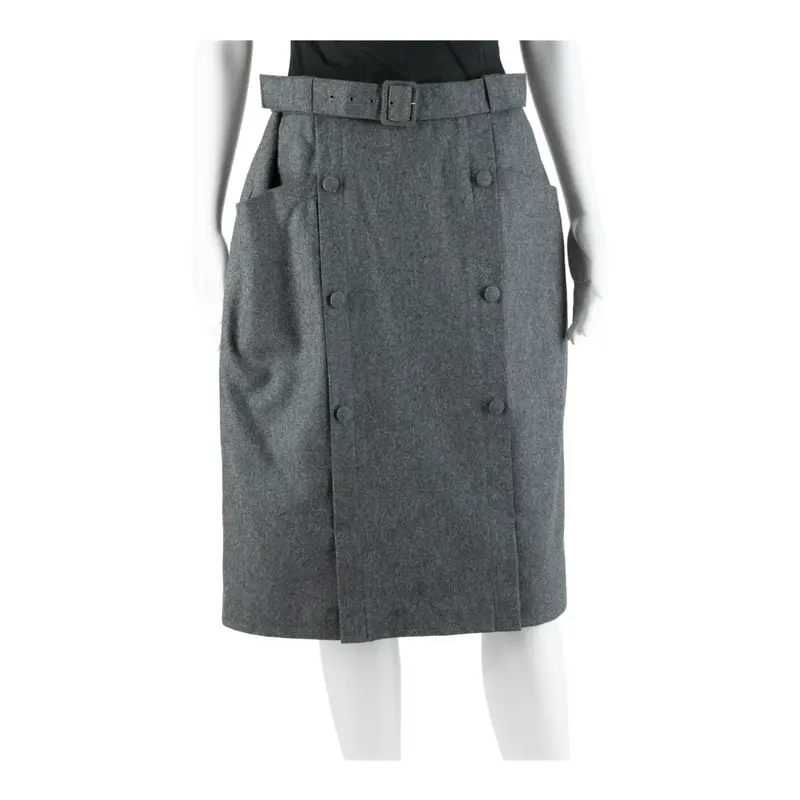 DELMOD Formal Belted Knee Length A-Line Skirt Grey 90s Wool Womens UK 12