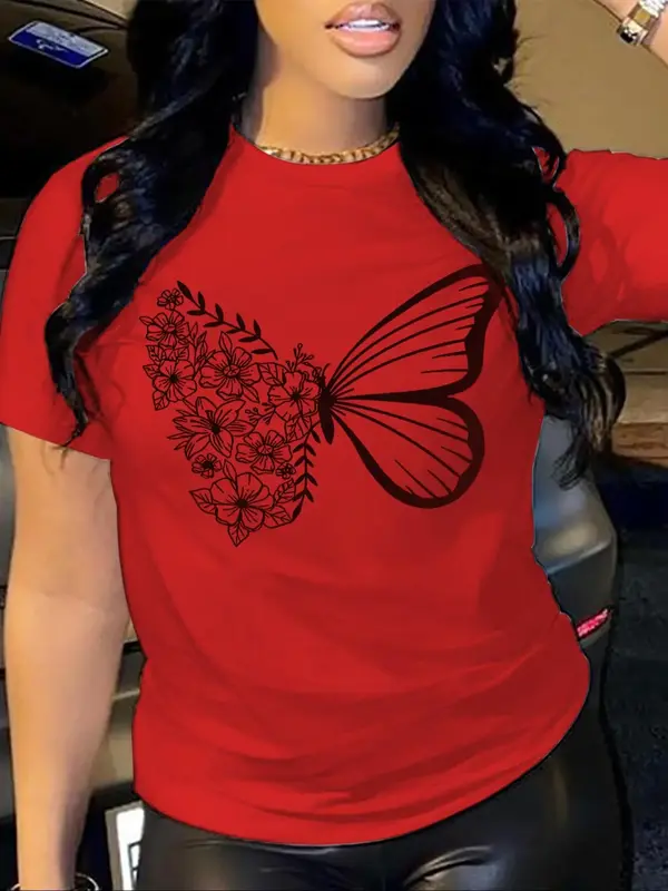 Women's Floral & Butterfly Print Round Neck Graphic Tees, T Shirts for Women, Casual Short Sleeve T-shirt for Daily Wear, L...
