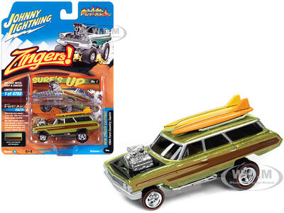 1964 Ford Country Squire Surfin Lime Metallic with Woodgrain Panels and Surfboard on Roof \