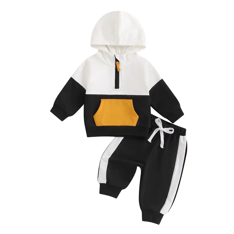 Baby Boys Pants Set Infant Hooded Sweatshirt Top Contrast Colors Elastic Waist Pants 2Pcs Outfits Fall Winter Suit