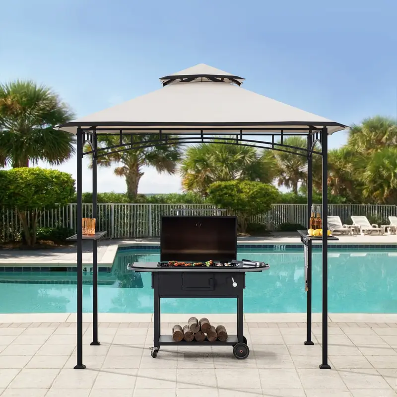 SUNJOY 5x8 BBQ Grill Gazebo with Bar Shelves and Hooks - Beige & Black