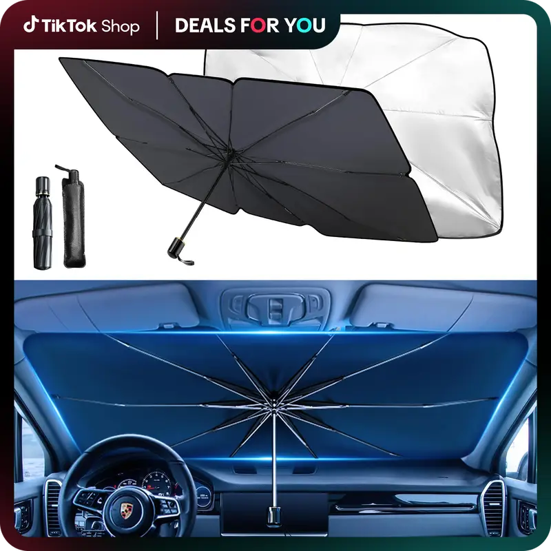 Folding Anti-UV Windshield Sunshade Umbrella 99% UV Block Reduces Heat Universal Fit for Sedans SUVs Easy Fold Multi-Function...