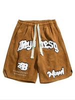 Men's Letter Embroidery Patched Drawstring Waist Suede Shorts, Regular Fit Casual Pocket Design Shorts for Summer, Fashion Me...
