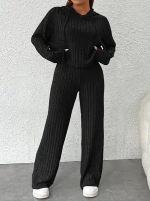 Plus Two-Piece Set Drop Shoulder Drawstring Hoodie & High Waist Pants Set, Casual Long Sleeve Hooded Top & Straight Leg Trou...